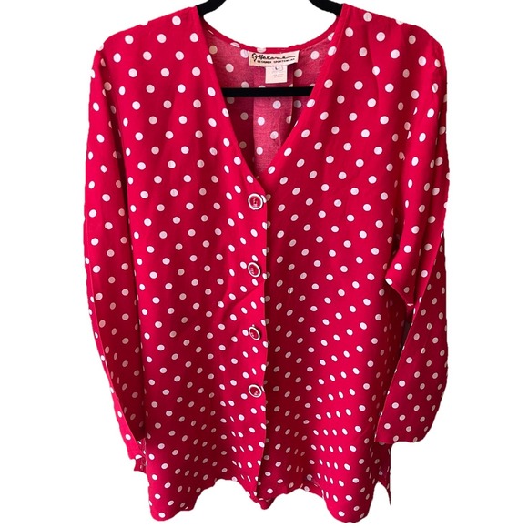 Helene Designer Sportswear Tops - Vintage Helene Red Polka Dot V-Neck Rayon Blouse Rockabilly L 88373 A